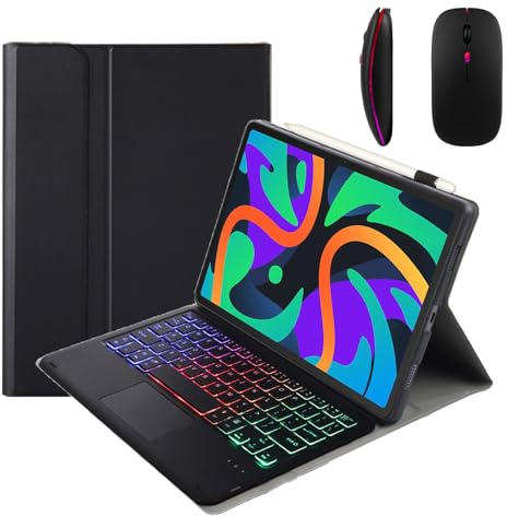 GUPENAA Tastatur Hülle für Lenovo Tab P11 Plus 2021 / Tab P11 2020 11 (TB-J607F/TB-J606F/TB-J606X), 7-Farbige Beleuchtung, Magnetische Abnehmbare Kabellose Bluetooth-Tastatur mit Maus,Schwarz