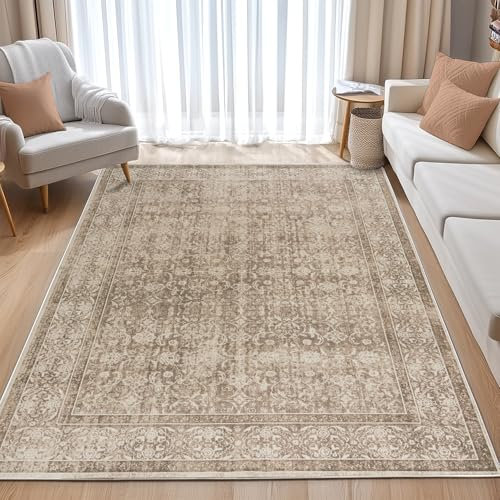 BSGIFT Waschbare Teppich 120x160, Vintage Beige Kurzflor Teppich rutschfest für Küche Esszimmer Bettvorleger Schlafzimmer Wohnzimmer Wohnzimmerteppich, Aesthetic Teppiche