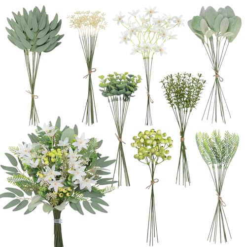 Weldomcor 70 Stück Künstliche Blumen & Zweige, 8 Arten Grüne Blätter und Weiß Kunstblumen Künstlich Dekozweige Kunstpflanzen für Hochzeit DIY Kunstblumenstrauss Blumenarrangement Tisch Centerpiece