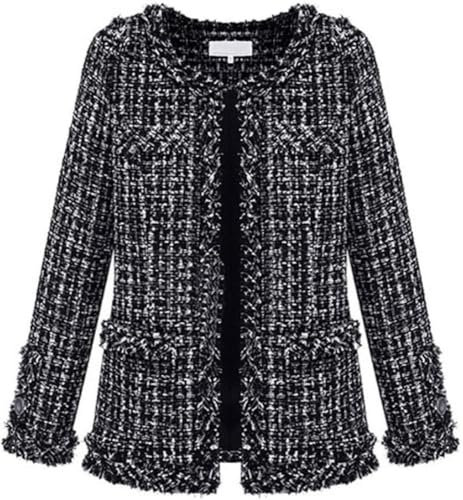 Veste en Tweed décontractée pour Femmes Automne élégant vêtements de Travail boutonnés à Carreaux Noir et Blanc Veste de Bureau Revers sans col Veste en Tweed Formelle (Black,M)