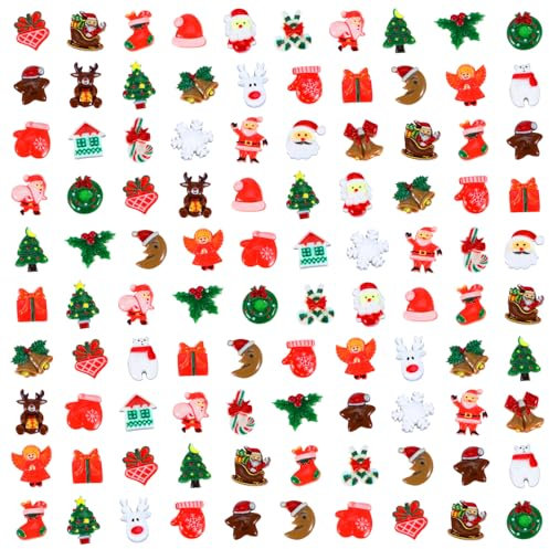 Amabro 100 dijes de Navidad con parte trasera plana, mini decoración de resina de Navidad, Papá Noel, muñeco de nieve, árbol de campana, adornos para manualidades, joyas, funda de teléfono celular,