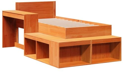 vidaXL Massivholzbett, Einzelbett Holzbett ohne Matratze, Bettgestell mit Lattenrost Kopfteil, Bett Nachttisch mit Schreibtisch, Wachsbraun 90x200cm Kiefernholz