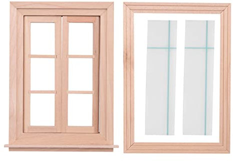 ferater 1:12 Miniature Double Window Wooden 6 Pane Frame and Glass Plate Doll House Diy Double Window Accessories for Doll House Decoration