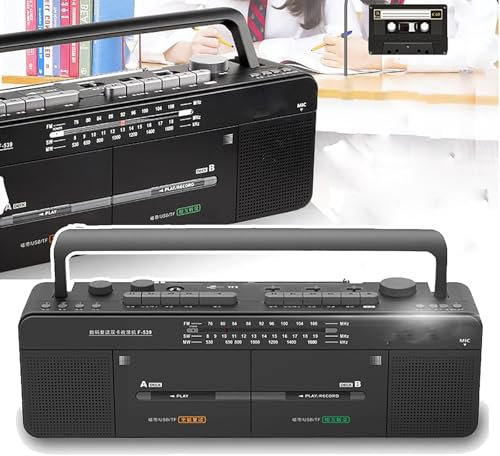 WhAeoy Kassettenrekorder, Doppelkassettenspieler, FM/SW/WM-Radio, Unterstützt Die Wiedergabe Von U-Disk/TF-Karte, Aufnahme/Transkription Mit Einem klick Für Unterrichts-/Musik-/Audioliebhaber,Black