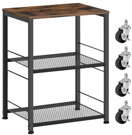 Movable Printer Stand, 3-Tier Under Desk Printer Table with Storage Shelf, Wood Printer Stand with Wheels for Scanner Fax Machine Microwave Oven, Rustic Brown