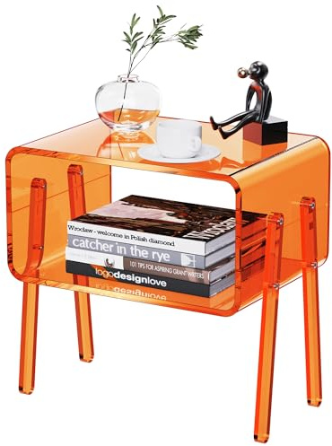 Dewrhiixe Acryl Beistelltisch, Nachttisch mit offenem Stauraum, Transparentes Design für Schlafzimmer und Wohnzimmer, Moderne Einrichtung (Orange, 40×30×43.2 cm)