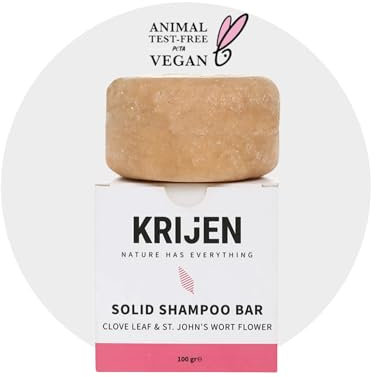 Krijen Vegan-Festes Shampoo mit Nelkenöl, Johanniskrautöl & rosa Tonerde – Für fettiges, schuppiges Mischhaar – Feuchtigkeitsspendend, anti-Haarausfall, handgefertigt, wirkt bei hartem Wasser – 100 g