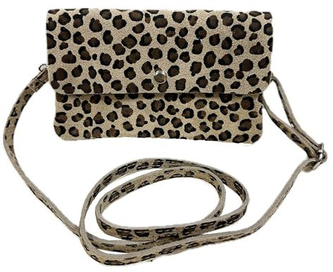 Jeamis Rauhleder Umhängetasche Leopard Veloursleder Tasche Crossbody Clutch Leder Leo (Khaki)