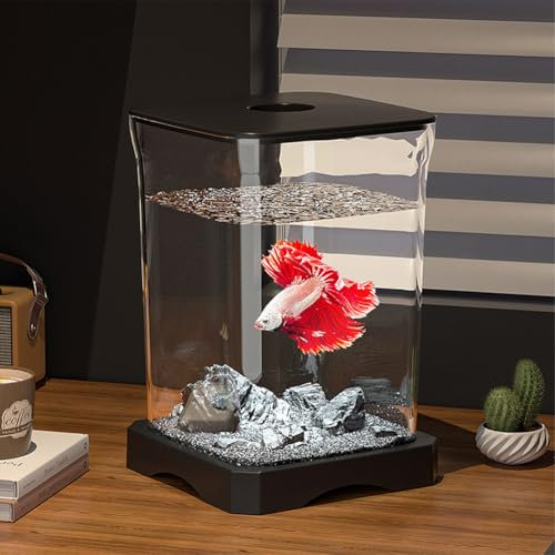 Niwugady Aquarium mit Fütterungsöffnung Oben und Eingebautem Bodenlicht, Rechteckiges Mini Tischaquarium Aquarium Starter Set Tischdekoration für Kampffische, 11.8 x 11.8 x 17.7cm,Schwarz