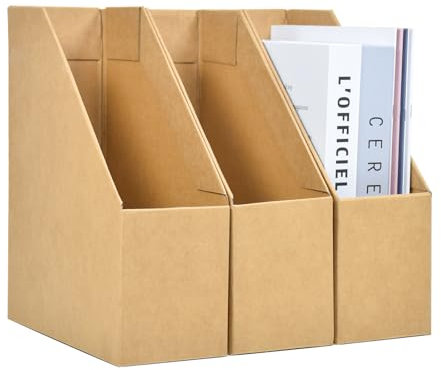 Elezeal Lot de 3 porte-revues en carton kraft avec étiquettes pour documents, livres et magazines, boîte de rangement pliable pour bureau, maison et école