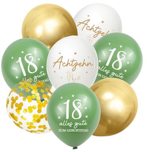 Luftballons 18 Jahre Geburtstag, 30 Stück Deko 18. Geburtstags Junge Mädchen, 18 Alles Gute zum Geburtstag Ballons, Salbeigrüne Gold 18. Geburtstagsdeko Frauen, 18th Birthday Konfetti Ballon Party