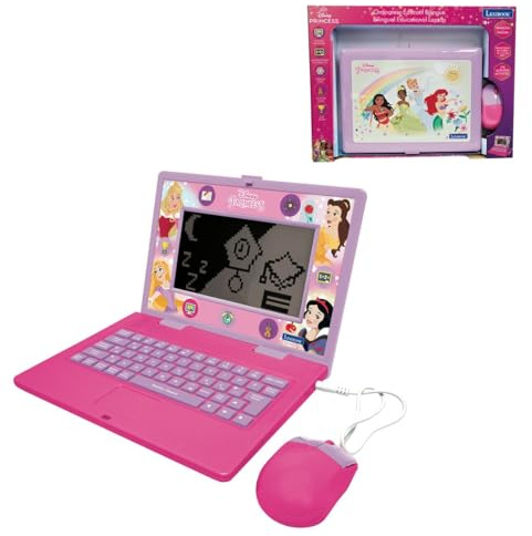 LEXIBOOK, JC599DPi1 Zweisprachiger Lern-Laptop, Disney-Prinzessinnen mit 170 Aktivitäten (85 in jeder Sprache), großes Display von 17,9 cm (6,7 Zoll) Englisch/Französisch, Rosa | Englisch/Französisch, 170 Aktivitäten, 6,7-Zoll-Bildschirm, Lernspiele und Musik