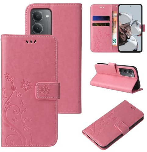 LBH Handy Hülle für Xiaomi Redmi 15/15 5G Case Handytasche Schmetterling Blumen Flower Standfunktion Schutzhülle Magnet Rundum Schutz 360 Grad Flipcase Cover Rosegold