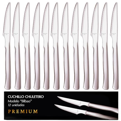12 Cuchillos Chuleteros PREMIUM | Modelo Bilbao | Acero Inoxidable Monoblock | Hoja Microdentada Profesional | Corte Extra Suave “Mantequilla” | Mango Ergonómico | Ideal Hogar y Hostelería