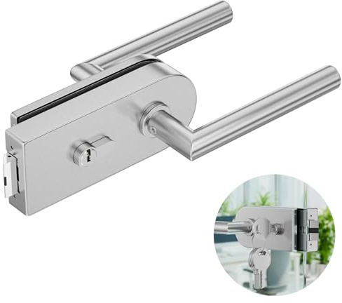 Ranbo Glastürschloss abschließbar mit Drücker, mit Messing-Profilzylinder (PZ), D-Serie, V2A-Edelstahl silber gebürstet, für 8–12 mm ESG-Ganzglastüren im Innenbereich und Büro
