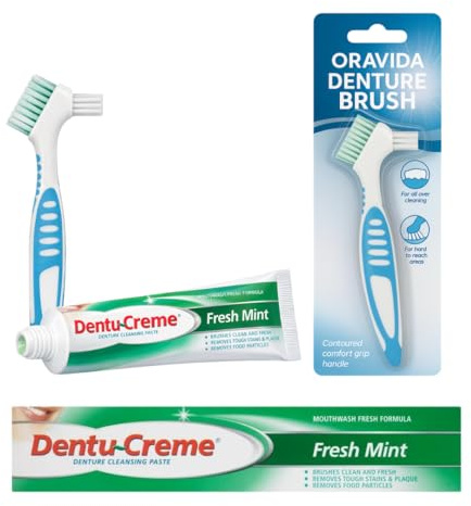Oravida Denture Cleaning Kit – Denture Brush Bundled with Dentu Creme 75ml Fresh Mint Cleansing Paste – Complete Daily Denture Care Bundle – Removes Stains, Plaque & Food Particles