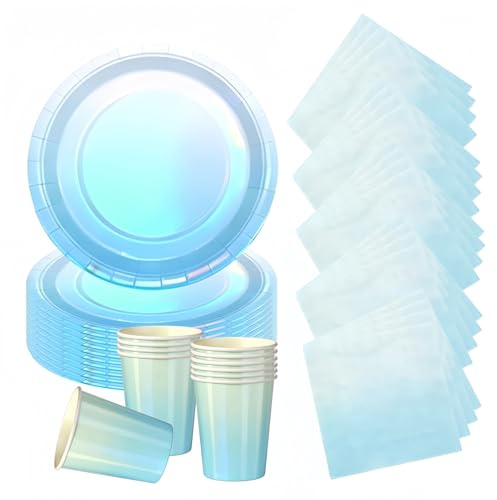 60P Colorful Laser Foil Party Paper Tableware Set,Blue Sparkling Party 20 Paper Plates 20 Napkins 20 Cups for Birthday,Colorful Dinner Plates Luncheon Napkins Paper Cups for Baby Shower Wedding Deco