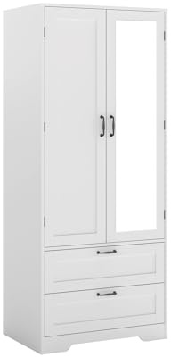 Gdchanyiyi Mirrored Wardrobe with 2 Doors and 2 Drawers, Wardrobes for Bedroom with Hanging Rail Wooden Storage Cabinet Cupboard (White with Mirror)