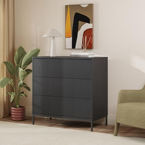 [en.casa] Kommode mit Schubladen Nykapin Schubladenschrank Schlafzimmer geriffelt Kommodenschrank schmal Schrank klein Sideboard Beistellschrank 80 x 80 x 40 cm Schwarz struktutiert