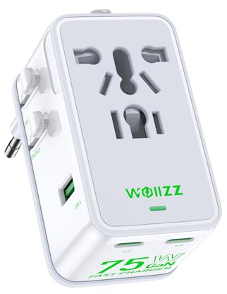 Adaptador de Viaje 75W, Adaptador Universal Europeo GAN de Carga rápida con 5 Puertos (1 AC, 1 USB-A y 3 USB-C), Adaptador de Enchufe con Chip Inteligente para más de 200 países, Blanco