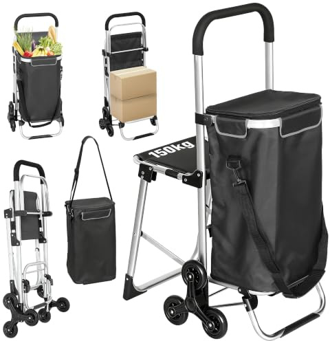 HOMCOM 3-in-1 Einkaufstrolley Klappbar mit Sitz 40L Kapazität Duneklgrau | Trolley Bis 25kg Belastbar, Einkaufswagen, Sackkarre, Umhängetasche, Treppensteiger