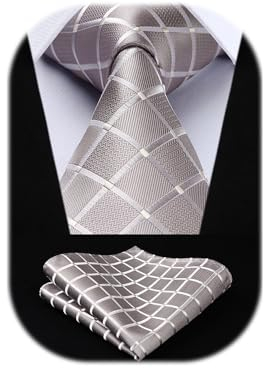 HISDERN Krawatte Herren Champagner Formelle Klassische Karierte Krawatten mit Einstecktuch Hochzeit Herrenkrawatte und Taschentuch Set für Männer