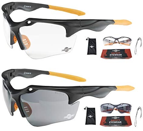 ToolFreak Finisher - Set di occhiali di sicurezza per lavoro e sport, lenti trasparenti e fumé, lenti avvolgenti con protezione UV e impatto, classificate secondo EN166F e EN170, cordino da collo e