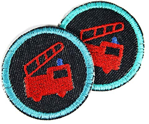 Flicken zum aufbügeln rund Feuerwehr auf blau 2 Bügelbilder 5cm Aufbügler für Jungs kleine Bügelflicken Patches als Applikationen und Accessoires für Kinder und Kleidung