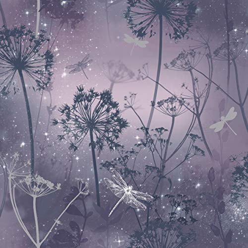 Arthouse Damselflies Purple Sparkling Wallpaper - Encased Glitter Gel Highlights Catch The Light - Subtly Sparkling Glamour - Delicate Scattered Botanical Motifs - Adds a Magical Effect - 692306