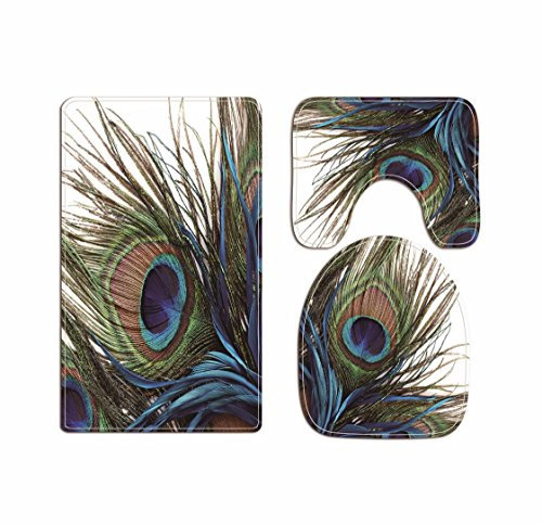 A.Monamour Badezimmer Badematte 3 Teilig Set Weiße Hintergründe Pfau Schwanz Federn Mit Augen Vögel Teppich Für Toilettenzubehör Flanell Saugfähig Badteppiche Badvorleger Badgarnitur WC Vorleger
