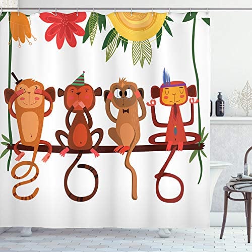 ABAKUHAUS AFFE Duschvorhang, Tiere sitzen AST, Stoffliches Gewebe Badezimmerdekorationsset mit Haken, 175 x 220 cm, Orange Braun