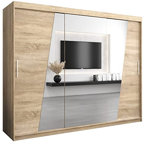 MEBLE KRYSPOL Rhomb250 Schlafzimmerschrank mit DREI Schiebetüren, Spiegel, Kleiderstange und Regalen – 250x200x62cm - Sonoma