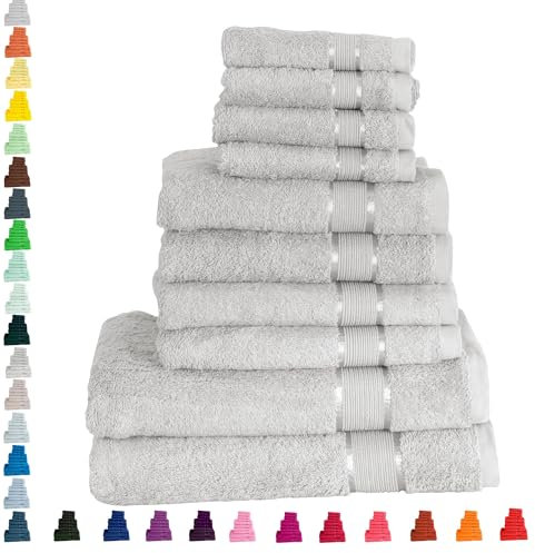 Mixibaby Handtuch 10er Set 2X Duschtuch 4X Handtuch 4X Gästetuch 100% Baumwolle Frottee, Farbe:Grau