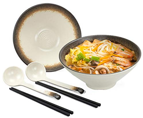 Japonés Conjuntos de Cuencos de Ramen 2 Juegos (6 Piezas), Cuenco Grande De Fideos Vintage 9Inch/1100ml, Cuenco de Plástico Comestible Seguro, Tazón Sopa con Cuchara Palillos a Juego (Amarillo)