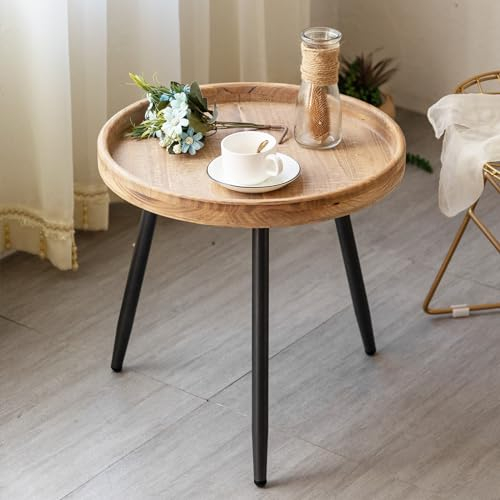Tiita Runder Beistelltisch, Beistelltisch, Nachttisch/kleine Holztische Akzent-Couchtisch mit Holztablett für Wohnzimmer, Schlafzimmer, Büro, kleiner Platz (klein, braun)