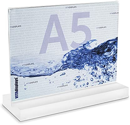 VITAdisplays DIN A5 Werbeaufsteller im Querformat mit massiver, satinierter PLEXIGLAS Basis, T-Ständer, T-Aufsteller als Tischaufsteller