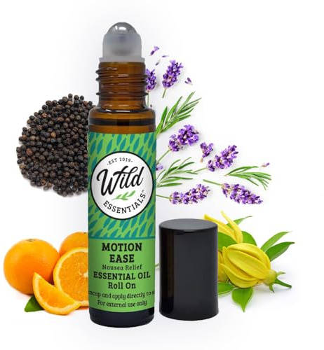 Wild Essentials Motion Ease Essential Oil Roll On, 10ml Motion Sickness, Nausea, Upset Stomach, Vertigo, Dizzy, Seasick, Carsick, Made with Organic Jojoba Oil, Ready to Use, Moisturizer, All Natural