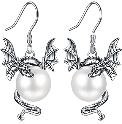 Drachen ohrringe 925 Sterlingsilber Vintage oxidierte Drachenperle Ohrhänger Schmuck Muttertagsgeschenke für Damen Mädchen (Ohrringe mit Drachen perlen)