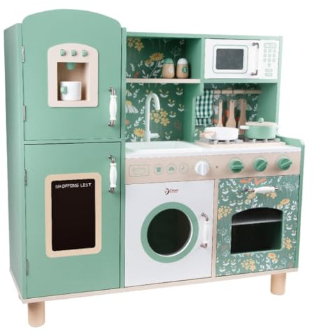Classic World Wooden Large Vintage Green Floral Kitchen Set for Girls and Boys, Non-Toxic Paint, Pretend/Role Play Cooking, 3 Years+, 15 Pieces, 91 x 34 x 90 cm