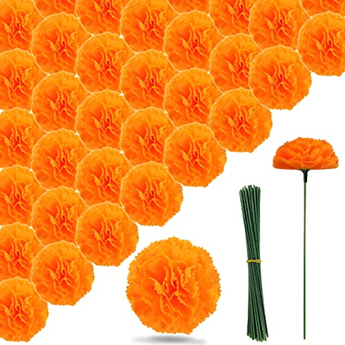 YESKY Künstliche Ringelblumen-Blumen – 50 Stück Halloween-Dekoration Orange Ringelblumenkopf Seide Fake Paper Blumen Girlande Dia De Los Muertos Dekor für Festival Hintergrund (Orange)