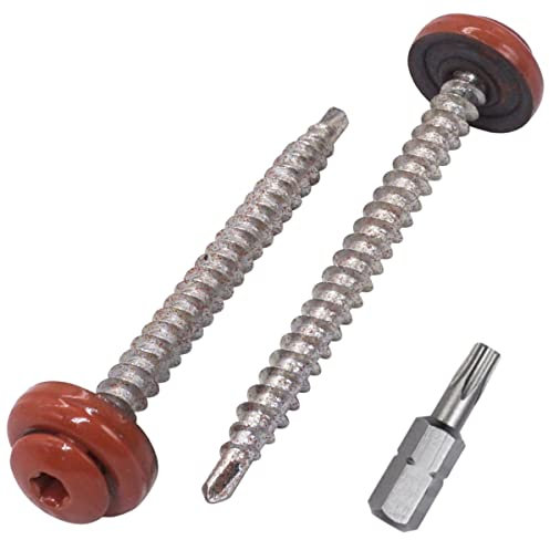 SKIR'CO (100 piezas) Tornillos de metal para techos, tornillos autoperforantes pintados de 4,8 x 60 mm con arandelas EPDM, cabeza Torx (cobre marrón RAL 8004)