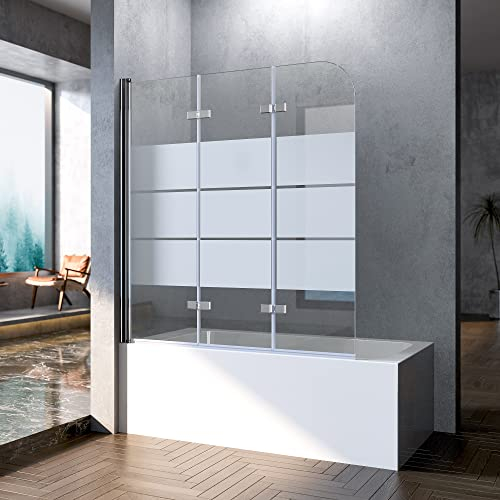 Duschwand für Badewanne 120x140cm 3-teilig Faltbar Duschtrennwand Milchglas Streifen Badewannenaufsatz Duschabtrennung mit 6mm ESG Glas