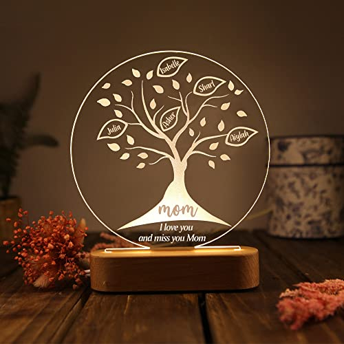 kaululu Arbre de Vie Lampe Personnalisée avec Noms de Famille pour Maman Led Personnalisé Prénom Lampe Led Base en Bois Cadeaux Personnalisés pour Femme Noël Anniversaire Fête des Mères Cadeaux