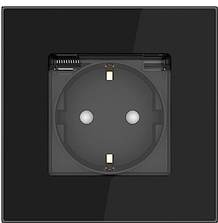 PULSAR Steckdose mit Deckel Unterputz Glas Schwarz Wandsteckdose 1-Fach mit Klappdeckel, Steckdosen Einfach 86 x 86mm16A 250V für Bad, Küche, Feuchtraum, IP44