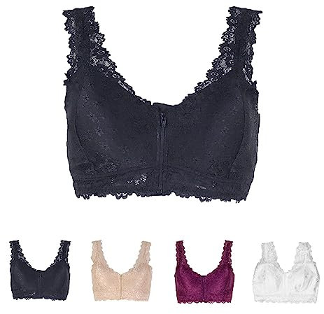 BH mit Reißverschluss Vorne, Damen Blossom Spitze Vorderverschluss Ohne Bügel Sport BH, Push-Up BH für Den Alltag (Black,XL)