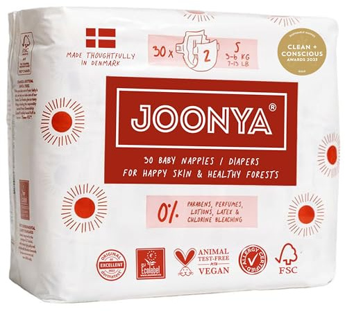 Joonya Baby Windeln, Größe 2 S (3-6 kg) - 1 Beutel mit 30 Stück - Schadstofffrei, Umweltfreundlich, Hohe Saugkraft, Nachtnutzung, Ultraflach & Weich - Hergestellt in Dänemark