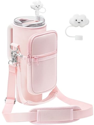 PRAGATISM Water Bottle Carrier Bag with Pouch for Stanley 30 oz Tumbler with Handle, Neoprene Water Bottle Holder Pocket with Adjustable 4.9FT Strap, Bottle Pouch for Stanley Cup Accessories
