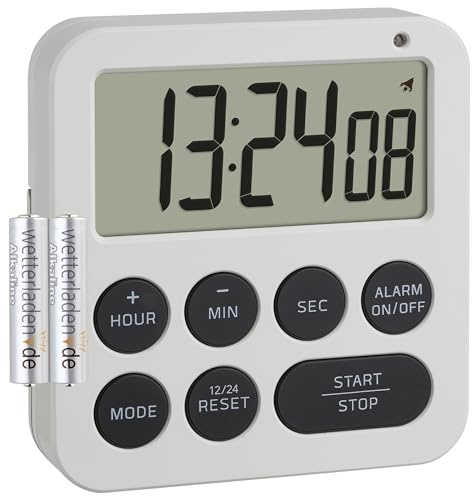 TFA Dostmann Digitaler Timer mit Stoppuhr und Wecker, 38.2051.02, bis 99h/59min/59s, Eieruhr, Küchentimer, Hausaufgabentimer, Kurzzeitwecker, mit LED Warnlicht und 2 Lautstufen, magnetisch