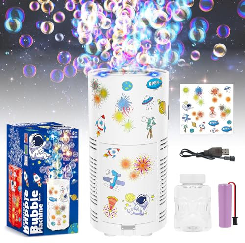 PANACARE Macchina per Bolle Dell'astronauta Macchina per Bolle Fuochi D'rtificio 10000+ Bubble/Luci/Adesivi Fai-Da-Te/Batteria Ricaricabile/ 80 Ml Soluzione per Matrimoni Estivi per Bambini All'aperto