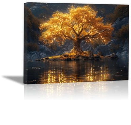 JOSUE Tableau Arbre Arbre abstrait Toile Decoration Murale,Or noir Tableau Chambre Enfant Decoratifs Muraux Salon DéCor- 70x100cm Encadrée